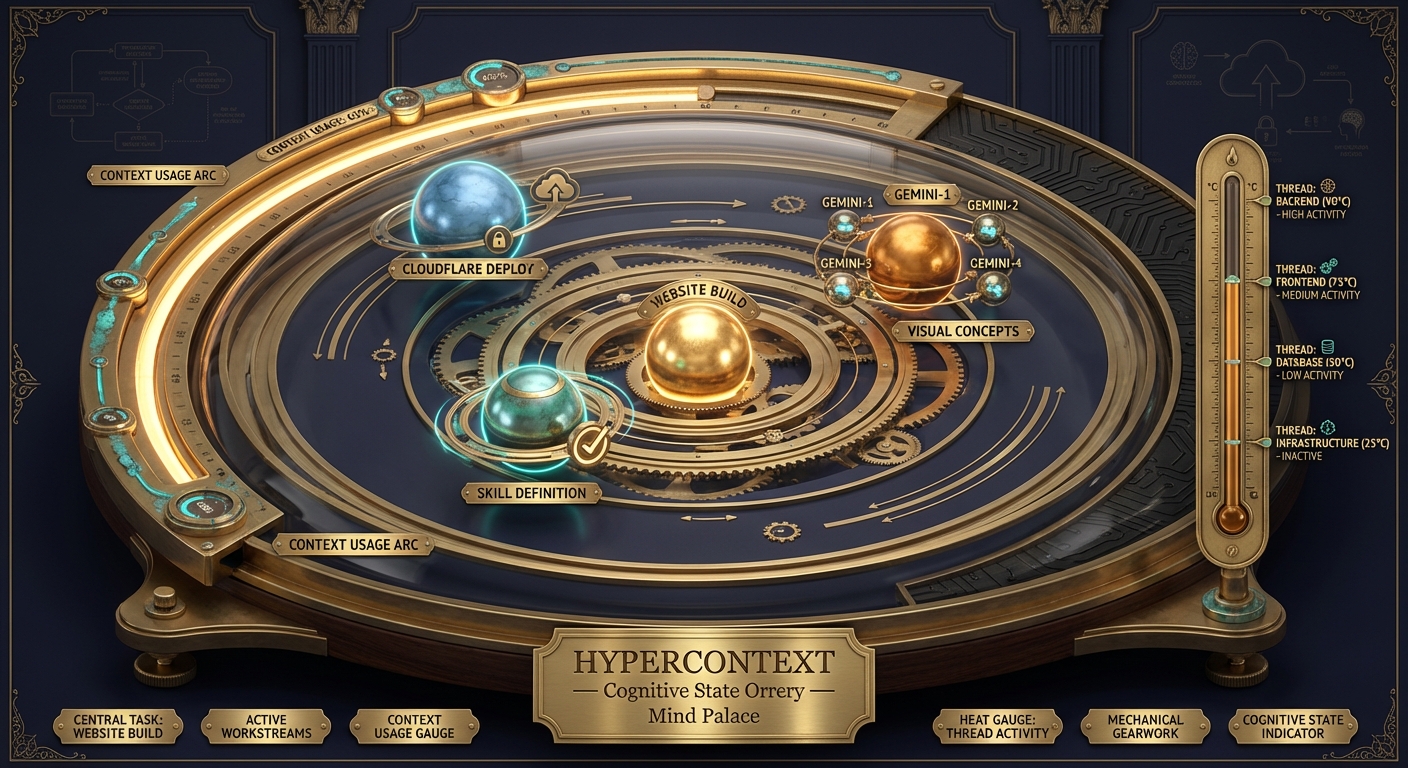 Hypercontext cognitive state orrery — brass mechanical model with orbiting workstreams