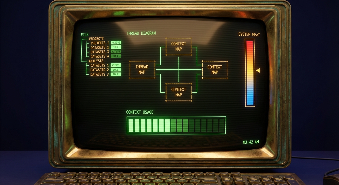 Hypercontext terminal — CRT phosphor display with thread diagrams and context bars